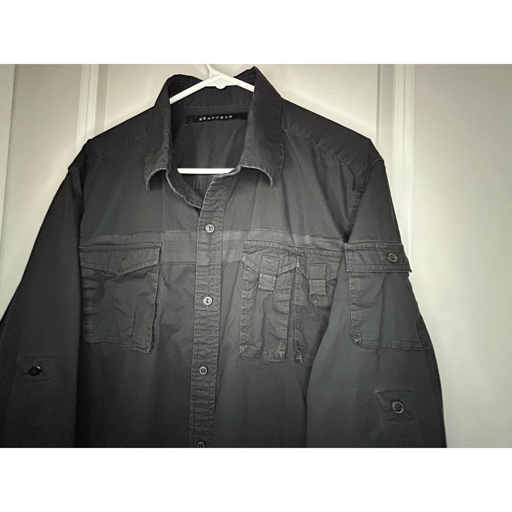 Vintage Y2k Sean John Multi Pocket Tactial Button Down Black Shirt Sz Mens XL